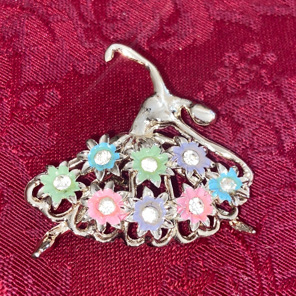Vintage 80s Rhinestoned Floral Ballerina Broach